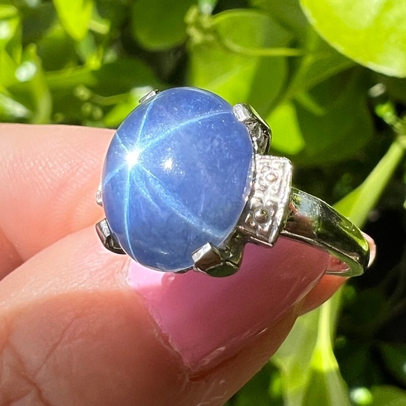 VINTAGE 10K WHITE GOLD SYNTHETIC STAR BLUE SAPPHIRE CATSEYE SPINEL CABOCHON RING - Picture 5 of 16